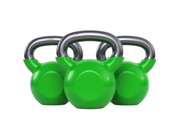 设置绿色铁壶 在白色背景上隔离 健身房和健身器材 解决工具 运动训练和提升的概念 3D渲染说明 — 图库照片