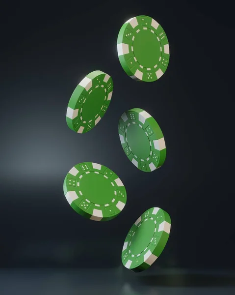 カジノのチップは黒い背景に落ちています カジノゲーム3Dチップ オンラインカジノのバナー グリーンチップだ ギャンブルの概念 3Dレンダリング図 — ストック写真