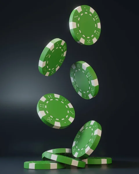 カジノのチップは黒い背景に落ちています カジノゲーム3Dチップ オンラインカジノのバナー グリーンチップだ ギャンブルの概念 3Dレンダリング図 — ストック写真