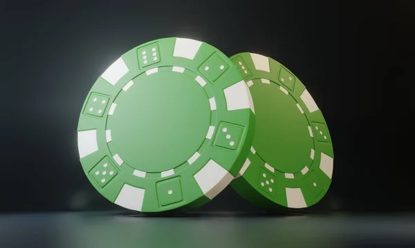 カジノチップは黒の背景に隔離されています カジノゲーム3Dチップ オンラインカジノのバナー グリーンチップだ ギャンブルの概念 3Dレンダリング図 — ストック写真