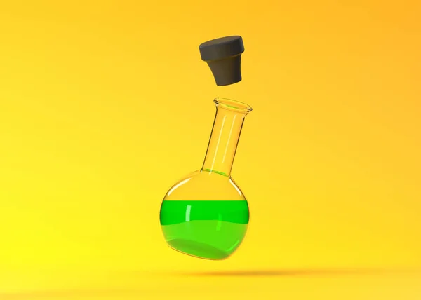 绿色液体在黄色背景上飞舞的瓶 化学瓶 实验室玻璃器皿 最小的概念 3D渲染说明 — 图库照片