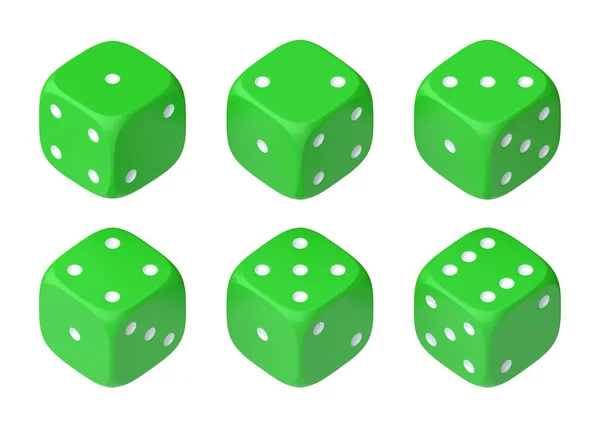 一套六枚绿色骰子 白色圆点呈半圆形 显示不同的数字 幸运骰子滚骰子棋盘游戏赌钱3D渲染说明 — 图库照片