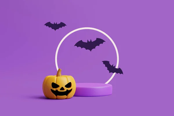紫色の背景に製品表示とコウモリのための表彰台とジャック オランタンカボチャ ハッピーハロウィンのコンセプト 伝統的な10月の休日 3Dレンダリング図 — ストック写真