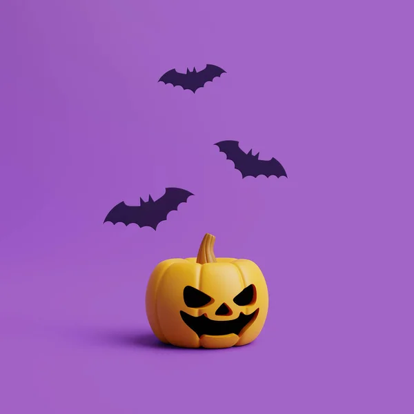 Töklámpás Tök Lila Hátterű Denevérekkel Boldog Halloweent Hagyományos Októberi Ünnep — Stock Fotó