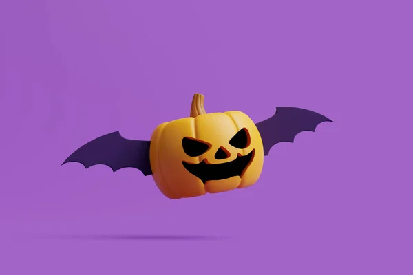 紫色の背景を飛んで翼を持つジャック ランタンカボチャ ハッピーハロウィンのコンセプト 伝統的な10月の休日 3Dレンダリング図 — ストック写真