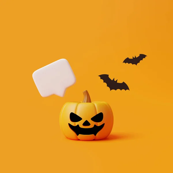 Dynia Jack Lantern Bańką Mowy Nietoperze Pomarańczowym Tle Wesołego Halloween — Zdjęcie stockowe