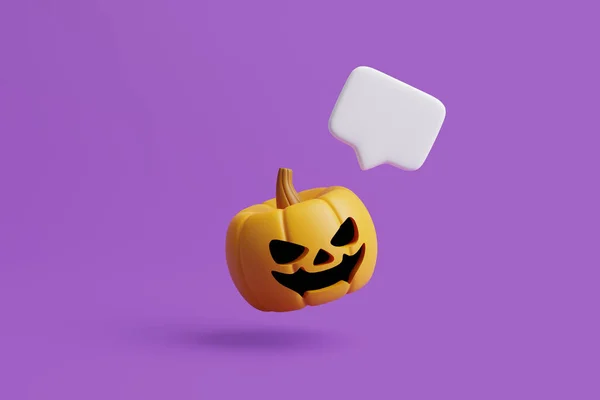 Dynia Jack Lantern Bańką Mowy Nietoperze Fioletowym Tle Wesołego Halloween — Zdjęcie stockowe