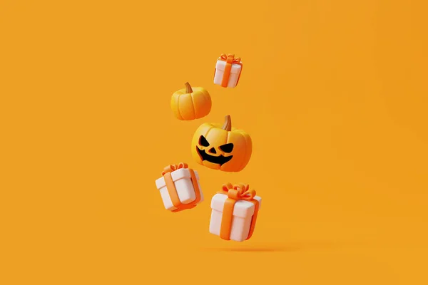 ハロウィーンジャックオランタンのカボチャを持つ漫画のギフトボックスは オレンジの背景に空気中にホバーします ハッピーハロウィンのコンセプト 伝統的な10月の休日 3Dレンダリング図 — ストック写真