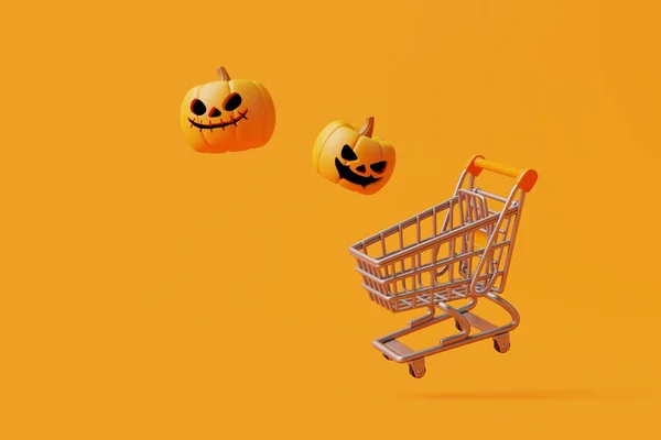 ジャック オランタンのカボチャとオレンジの背景のショッピングカートでハッピーハロウィーンの販売 ハロウィンセールのコンセプト 伝統的な10月の休日 3Dレンダリング図 — ストック写真