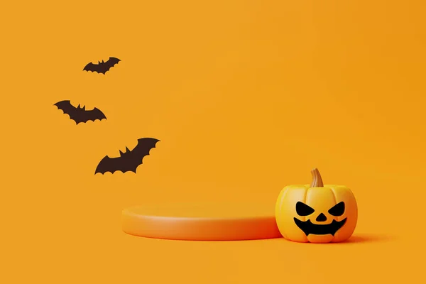 Κολοκύθα Jack Lantern Βάθρο Για Επίδειξη Προϊόντων Και Νυχτερίδες Πορτοκαλί — Φωτογραφία Αρχείου