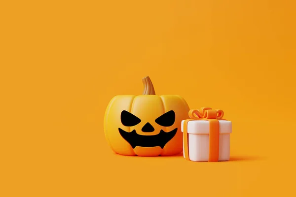 Cartoon Geschenkbox Mit Halloween Jack Lantern Kürbis Auf Orangefarbenem Hintergrund — Stockfoto