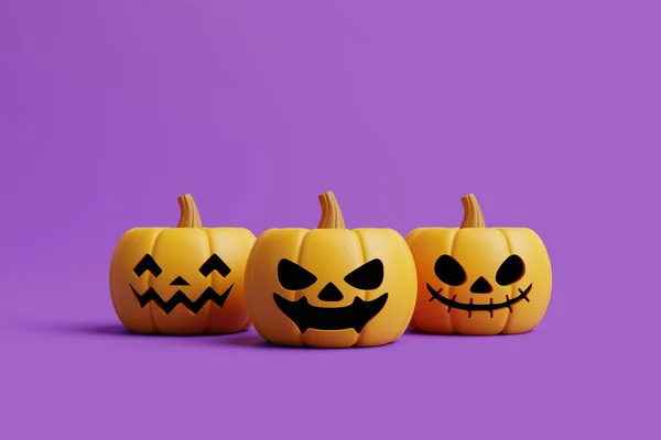 Dynie Jack Lantern Fioletowym Tle Wesołego Halloween Tradycyjne Październikowe Wakacje — Zdjęcie stockowe