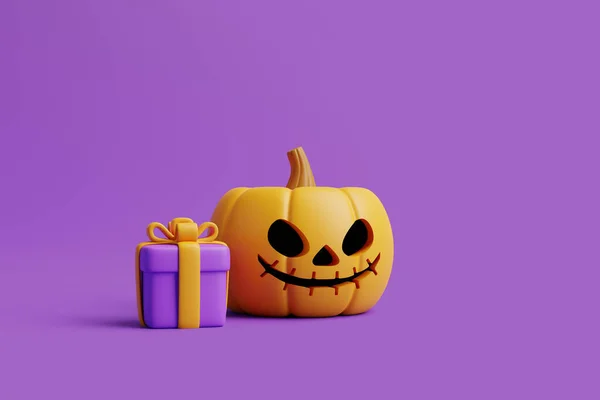 Karikatura Dárková Krabice Halloween Jack Lantern Dýně Fialovém Pozadí Šťastný — Stock fotografie