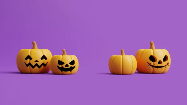 Citrouilles Jack Lantern Sur Fond Violet Joyeux Halloween Concept Vacances — Photo