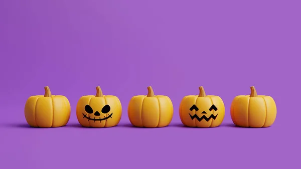 ジャック ランタンのカボチャが紫色の背景に並んでいました ハッピーハロウィンのコンセプト 伝統的な10月の休日 3Dレンダリング図 — ストック写真