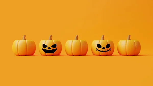 Dynie Jack Lantern Ustawione Pomarańczowym Tle Wesołego Halloween Tradycyjne Październikowe — Zdjęcie stockowe