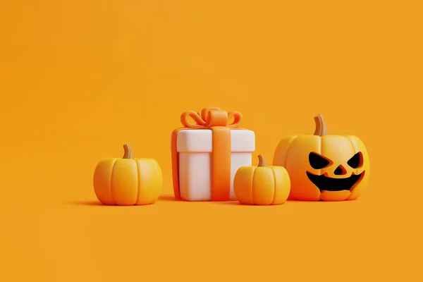Cartoon Geschenkboxen Mit Halloween Jack Lantern Kürbissen Auf Orangefarbenem Hintergrund — Stockfoto