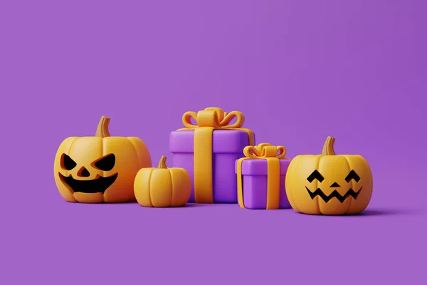 Κουτιά Δώρων Κινουμένων Σχεδίων Κολοκύθες Jack Lantern Halloween Μωβ Φόντο — Φωτογραφία Αρχείου