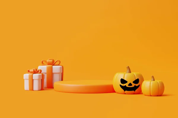 Rajzfilm Ajándékdobozok Halloween Jack Lantern Sütőtök Pódiumon Termék Megjelenítésére Narancssárga — Stock Fotó