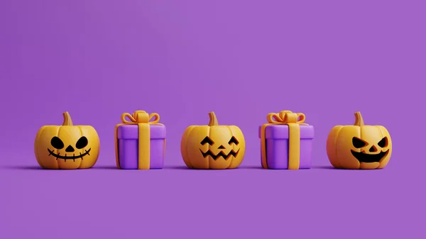 Rajzfilm Ajándékdobozok Halloween Jack Lantern Sütőtök Lila Háttér Boldog Halloweent — Stock Fotó