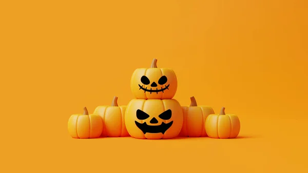 Citrouilles Jack Lantern Sur Fond Orange Joyeux Halloween Concept Vacances — Photo