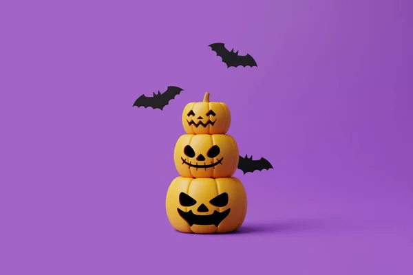紫色の背景にコウモリとジャック ランタンのカボチャ ハッピーハロウィンのコンセプト 伝統的な10月の休日 3Dレンダリング図 — ストック写真