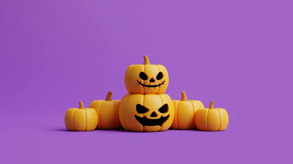 Jack Lantern Pompoenen Een Paarse Achtergrond Gelukkig Halloween Concept Traditionele — Stockfoto
