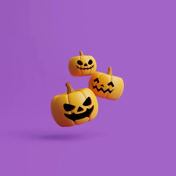 紫の背景に浮かぶジャック ランタンのカボチャ ハッピーハロウィンのコンセプト 伝統的な10月の休日 3Dレンダリング図 — ストック写真