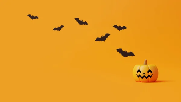 Turuncu Arka Planda Yarasalı Balkabağı Jack Lantern Mutlu Cadılar Bayramı — Stok fotoğraf