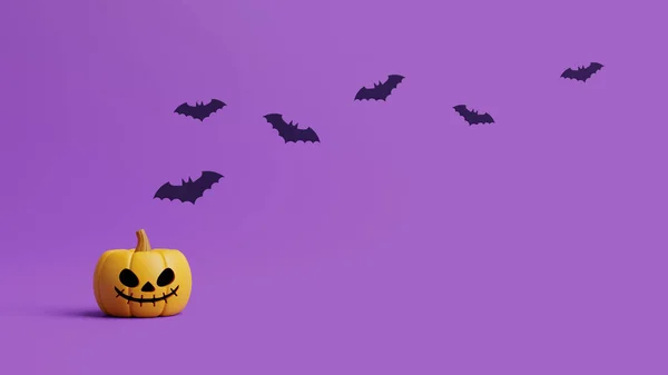 Dynia Jack Lantern Nietoperzami Fioletowym Tle Wesołego Halloween Tradycyjne Październikowe — Zdjęcie stockowe