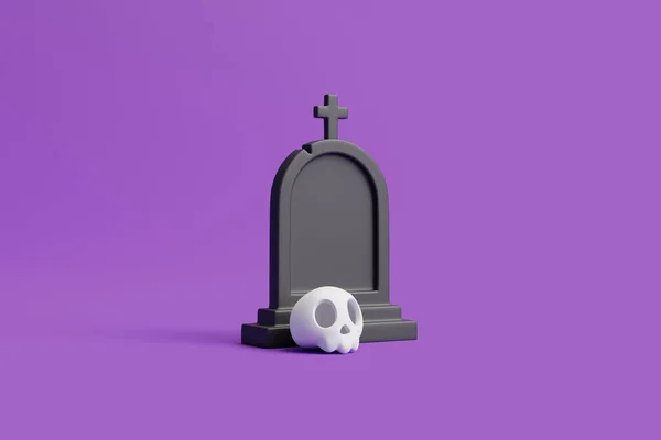 Cráneo Dibujos Animados Halloween Simple Con Tumba Sobre Fondo Púrpura — Foto de Stock