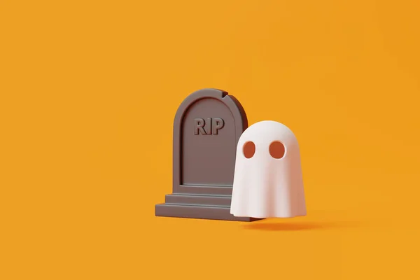 Fantasma Dibujos Animados Halloween Simple Con Tumba Sobre Fondo Naranja — Foto de Stock