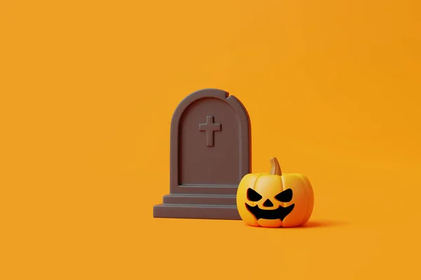 Labu Jack Lantern Dengan Kuburan Berlatar Belakang Oranye Konsep Halloween — Stok Foto