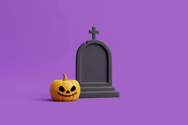 Dynia Jack Lantern Grobem Fioletowym Tle Wesołego Halloween Tradycyjne Październikowe — Zdjęcie stockowe