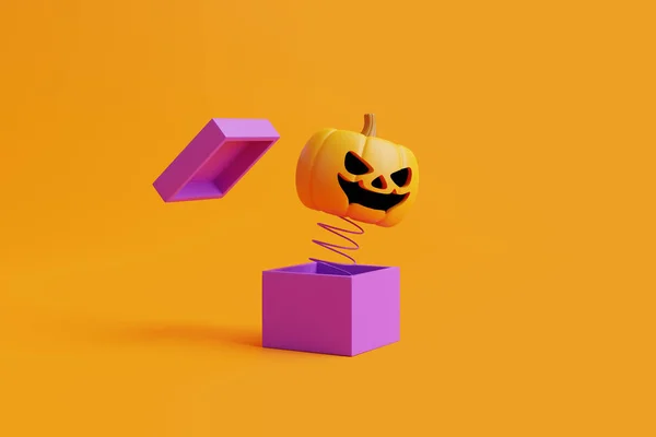 奥灯南瓜在橙色背景下从盒子里蹦出来 万圣节快乐的概念 传统的10月假期 3D渲染说明 — 图库照片