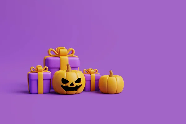 Cartoon Gift Boxes Halloween Jack Lantern Pumpkins Purple Background Happy — Stock Photo, Image