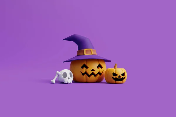 Jack Lantern Pumpkins Wearing Witch Hat Skull Bone Purple Background — Stock Photo, Image
