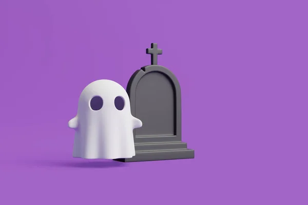 在紫色背景下坟墓的卡通鬼魂之间的简单的光晕 万圣节快乐的概念 传统的10月假期 3D渲染说明 — 图库照片