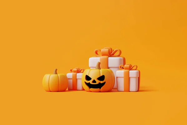 Rajzfilm Ajándékdobozok Halloween Jack Lantern Sütőtök Narancssárga Háttérrel Boldog Halloweent — Stock Fotó