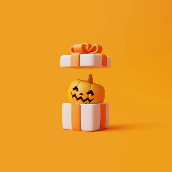 Kinyitott Ajándék Doboz Halloween Jack Lámpás Tök Narancssárga Háttérrel Boldog — Stock Fotó