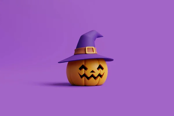 Jack Lantern Dýně Nosí Čarodějnický Klobouk Purpurovém Pozadí Šťastný Halloween — Stock fotografie