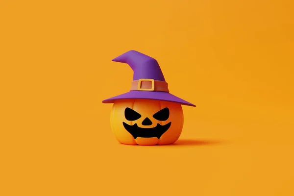オレンジの背景に魔女の帽子をかぶったジャック ランタンのカボチャ ハッピーハロウィンのコンセプト 伝統的な10月の休日 3Dレンダリング図 — ストック写真