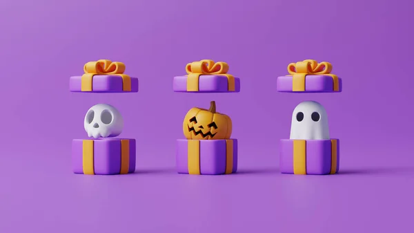打开的礼品盒 上面有卡通骷髅 鬼魂和紫色背景的南瓜 万圣节快乐的概念 传统的10月假期 3D渲染说明 — 图库照片
