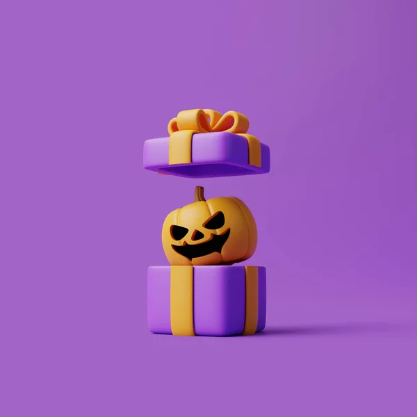 Відкритий Подарунковий Ящик Хелловін Jack Lantern Гарбузом Пурпуровому Тлі Концепцією — стокове фото