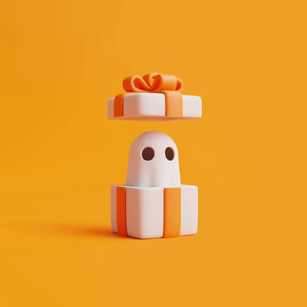 Άνοιξε Κουτί Δώρου Κινούμενα Σχέδια Φάντασμα Πορτοκαλί Φόντο Καλή Ιδέα — Φωτογραφία Αρχείου