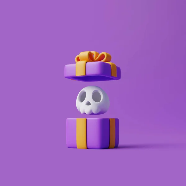 Opened gift box with cartoon skull on purple background. Happy Halloween concept. Traditional october holiday. 3d rendering illustration