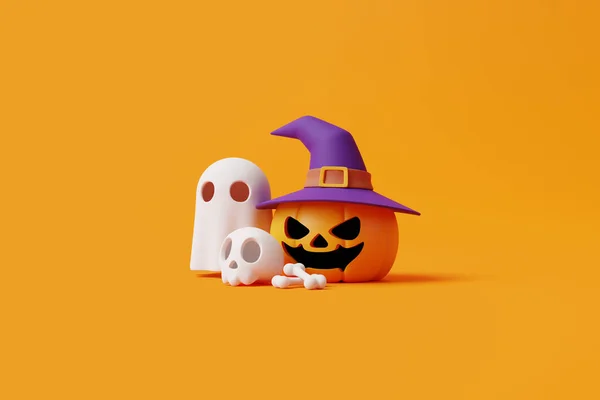 Jack Lantern Pumpkin Wearing Witch Hat Skull Bone Ghost Orange — Stock Photo, Image