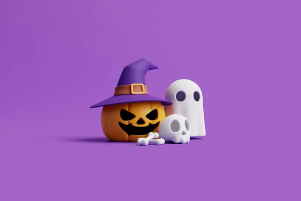 Jack Lantern Pumpkin Wearing Witch Hat Skull Bone Ghost Purple — Stock Photo, Image