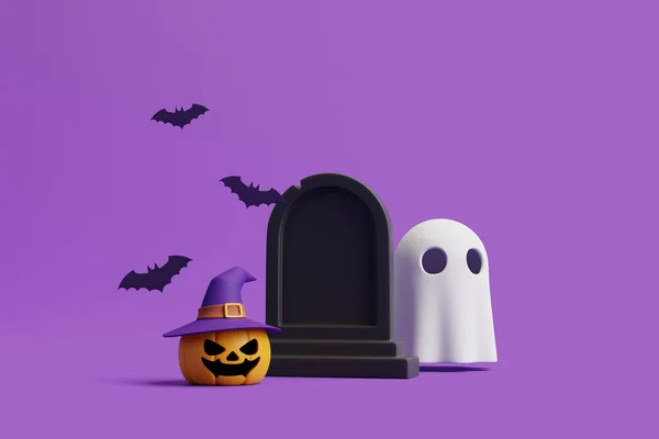Jack Lantern南瓜头戴女巫帽 戴着鬼魂 蝙蝠和紫色背景的坟墓 万圣节快乐的概念 传统的10月假期 3D渲染说明 — 图库照片