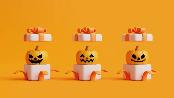 Opened Gift Boxes Halloween Jack Lantern Pumpkins Orange Background Happy — Stock Photo, Image